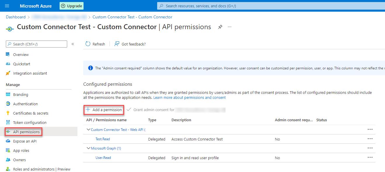 App Registration - Custom Connector - API permissions - Step 1